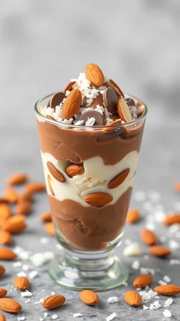 A delicious layered Almond Joy parfait with chocolate, whipped cream, coconut, and almonds.