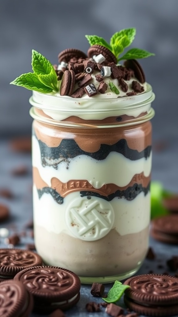 Chocolate Mint Oreo Trifle in a glass jar with layers of chocolate pudding and whipped cream, topped with Oreos and mint leaves.