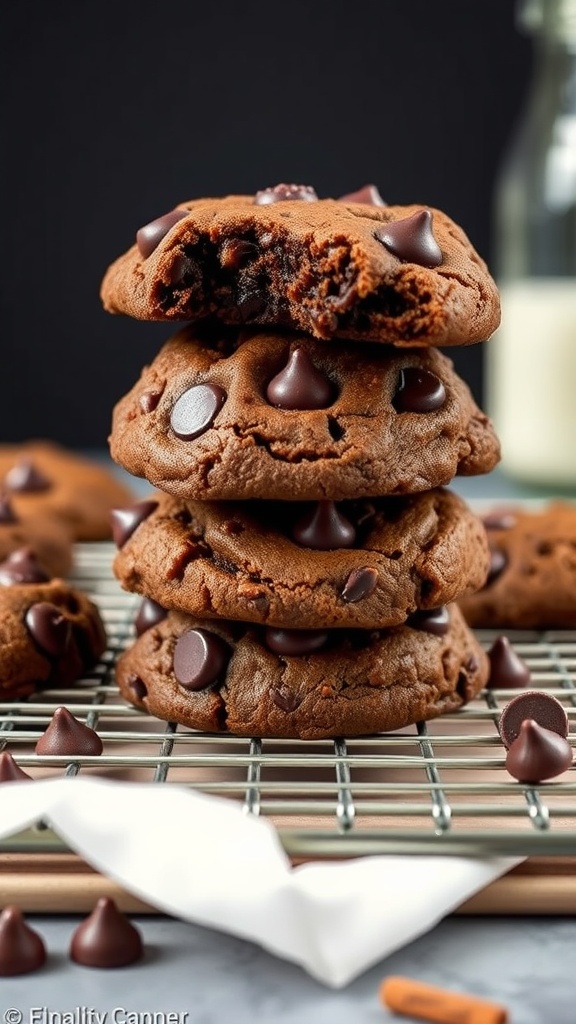 Double chocolate chip cookies stacked, showcasing a rich chocolate flavor and chocolate chips.