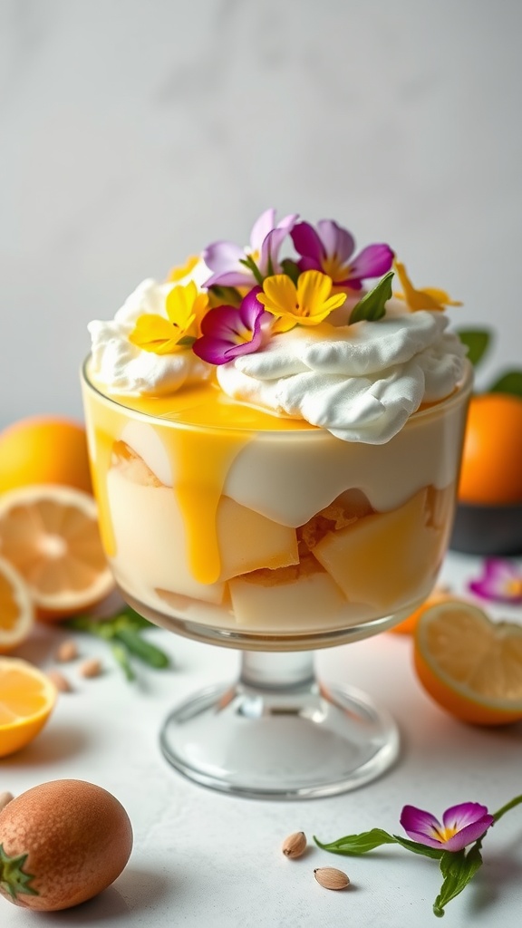 A colorful Honeydew Melon Trifle with creamy layers and a citrus drizzle, garnished with vibrant flowers.