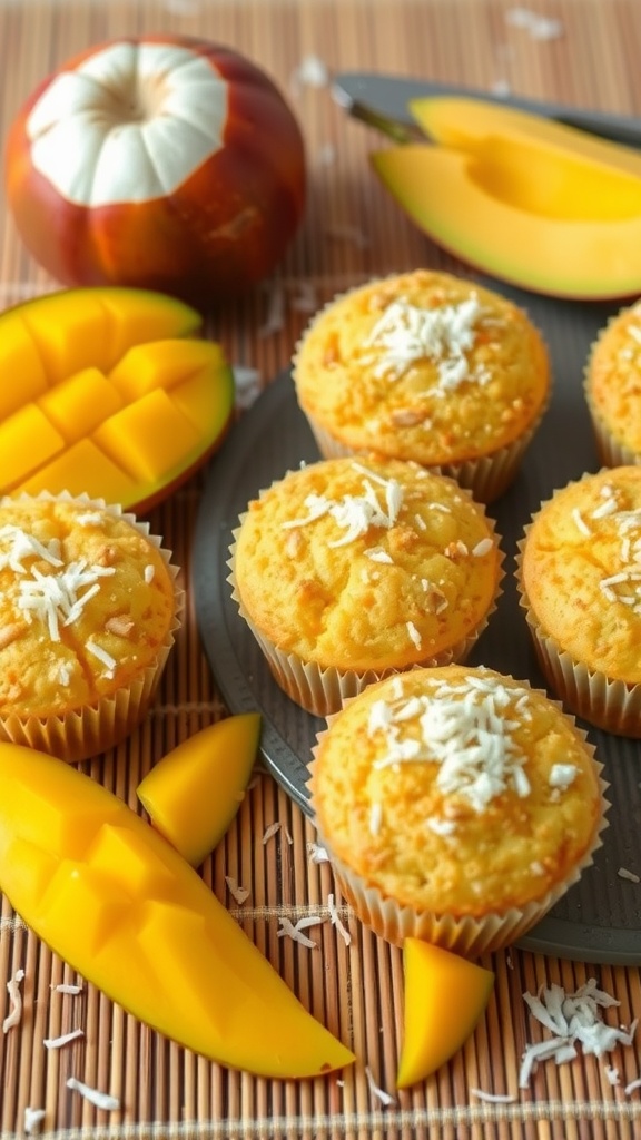 Mango Coconut Muffins with mango slices and coconut flakes.