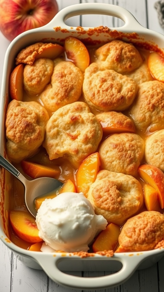 A warm peach cobbler topped with biscuit-like dough, served with a scoop of ice cream.