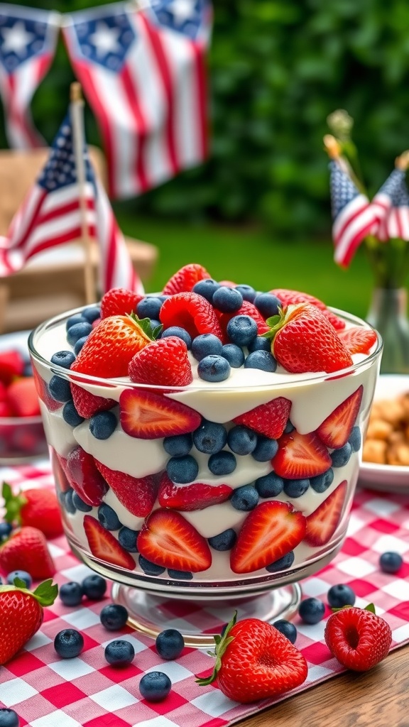 A colorful Red, White, and Blue Berry Trifle featuring layers of strawberries, blueberries, and cream.