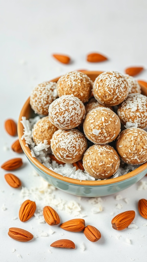 A bowl of almond butter energy balls surrounded by almonds and shredded coconut.
