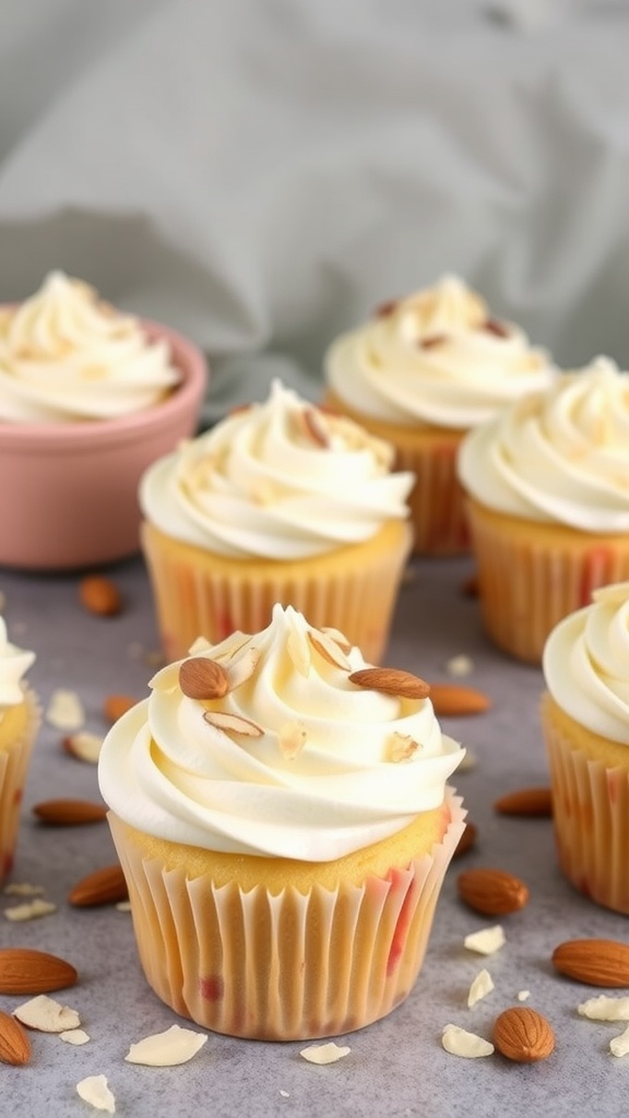 Almond extract delight cupcakes with creamy frosting and almond toppings.