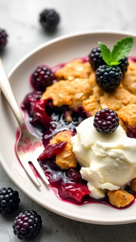A delicious serving of almond flour blackberry cobbler with ice cream.