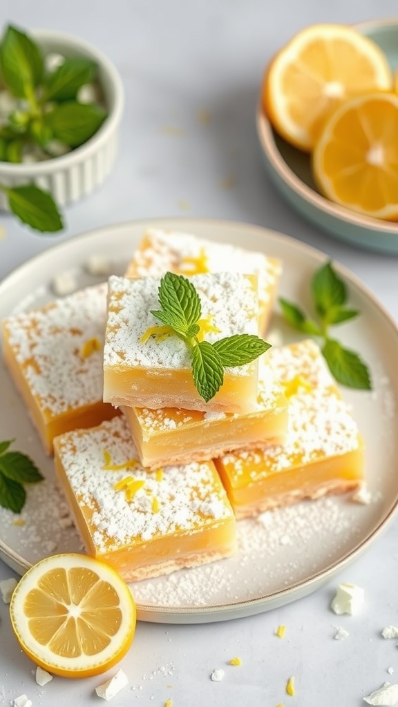Delicious almond flour lemon bars garnished with mint leaves and lemon slices