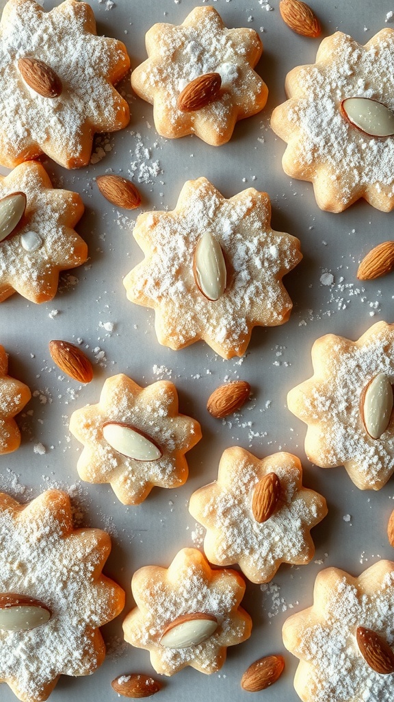 A close-up of almond flour sugar cookies shaped like flowers, topped with almonds and powdered sugar.