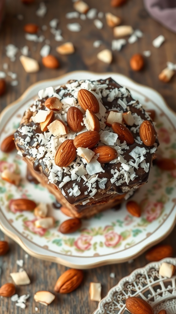 A delicious slice of Almond Joy bread pudding topped with chocolate, coconut, and almonds, served on a floral plate.