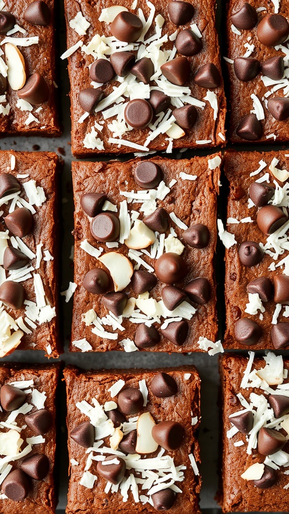 Delicious Almond Joy brownies topped with chocolate chips and shredded coconut.