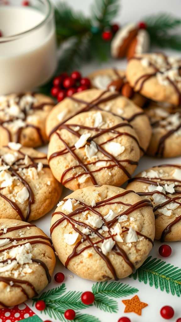 Delicious Almond Joy Cookies drizzled with chocolate and topped with coconut flakes, perfect for sharing.