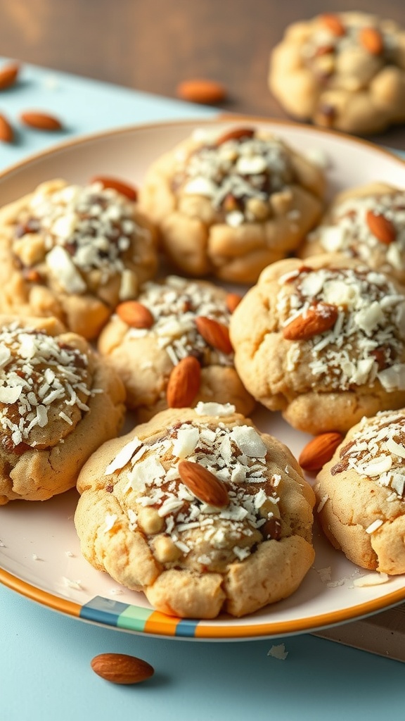 Plate of homemade Almond Joy cookies topped with almonds and coconut