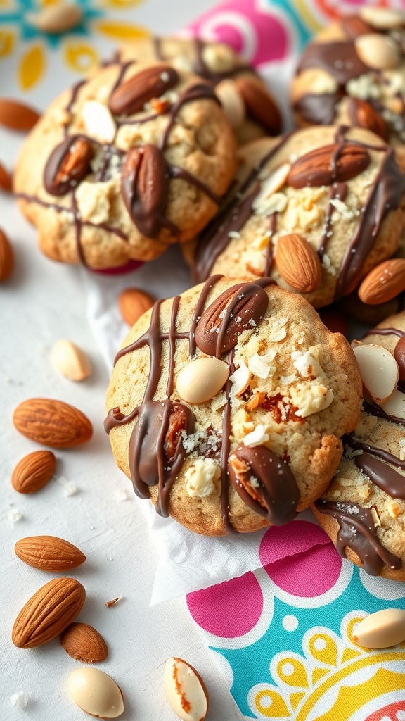 Plate of Almond Joy inspired cookies with almonds and coconut.