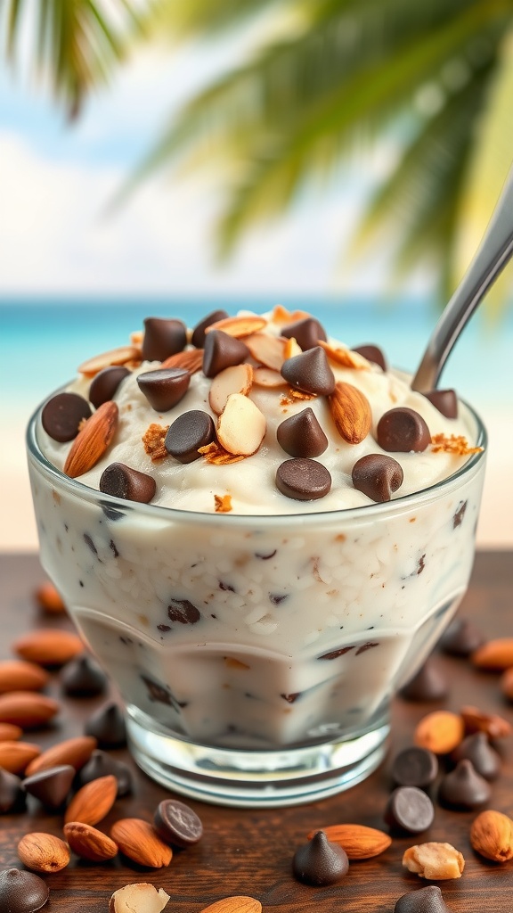 A bowl of almond joy rice pudding topped with chocolate chips and almonds