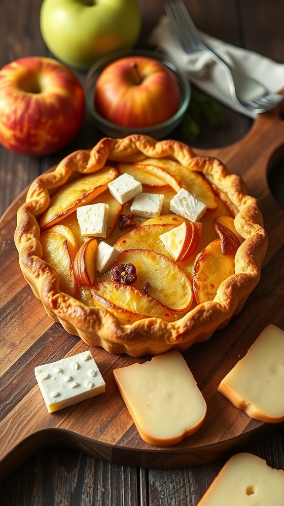 A delicious apple and cheddar pie, showcasing a golden crust topped with apple slices and cheese.