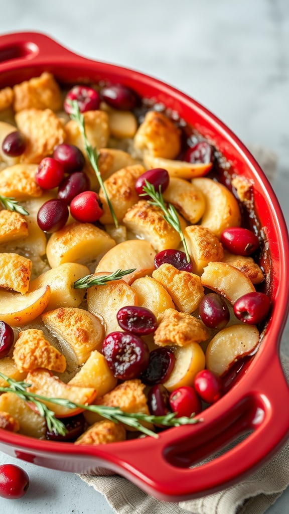 A delicious apple and cranberry cobbler in a red baking dish.