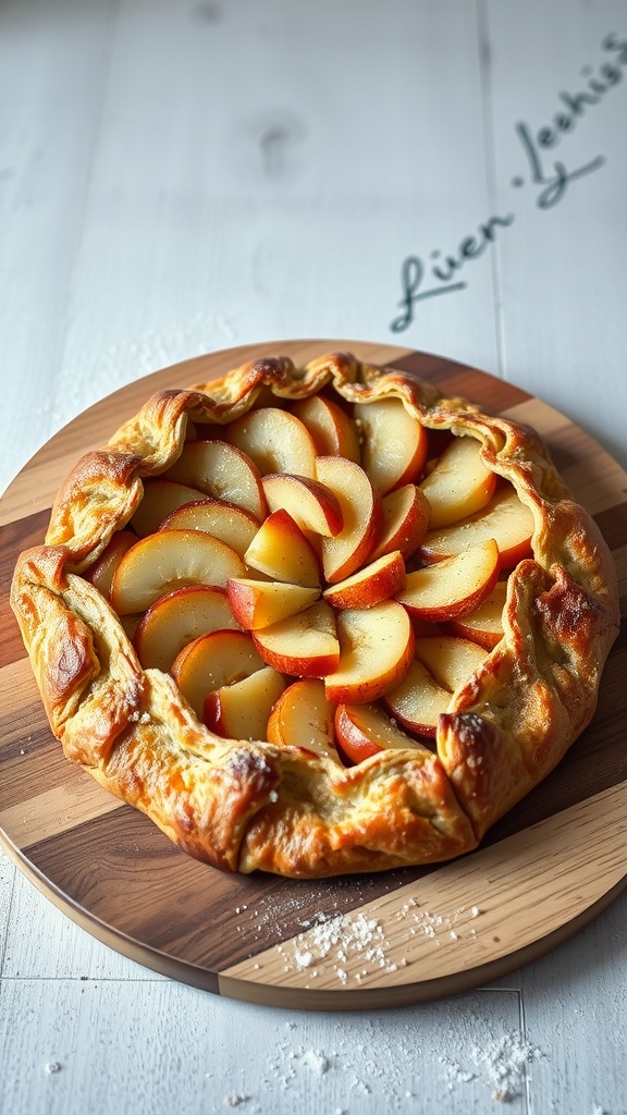A delicious apple and pear galette on a wooden board