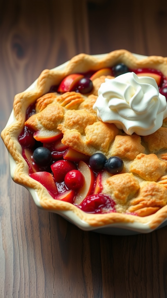 A delicious apple berry cobbler served warm with a dollop of whipped cream.