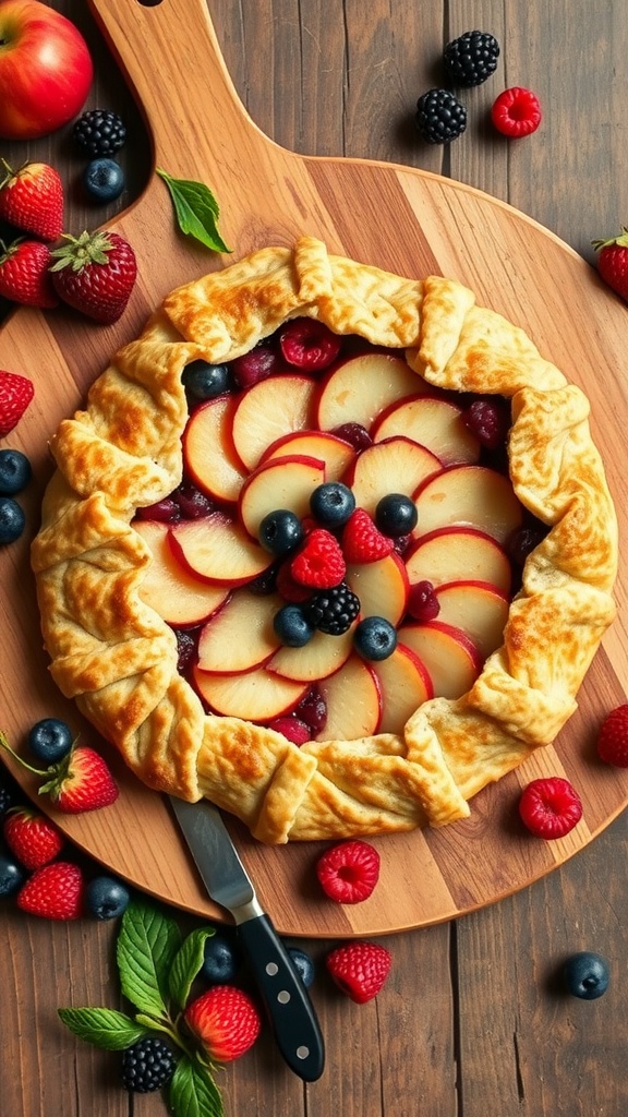 An apple berry galette with a rustic crust, surrounded by fresh berries.