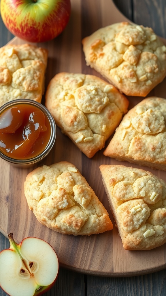 Freshly baked apple cheddar scones on a wooden board.