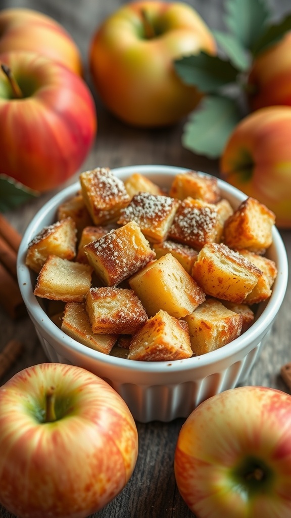 A delicious apple cinnamon bread pudding served in a bowl, surrounded by fresh apples and cinnamon sticks.