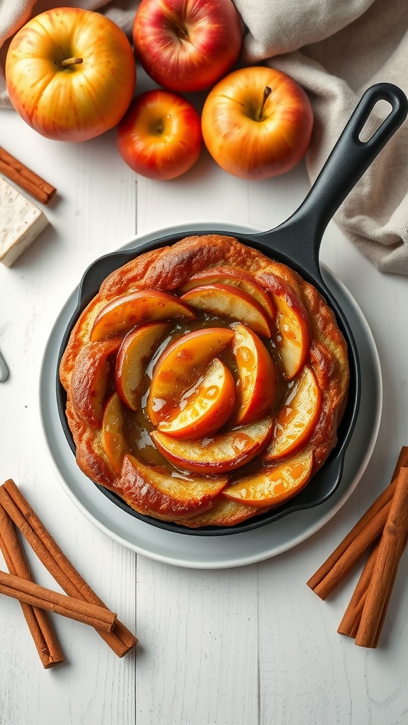 A delicious Apple Cinnamon Dutch Baby pancake served in a cast iron skillet.