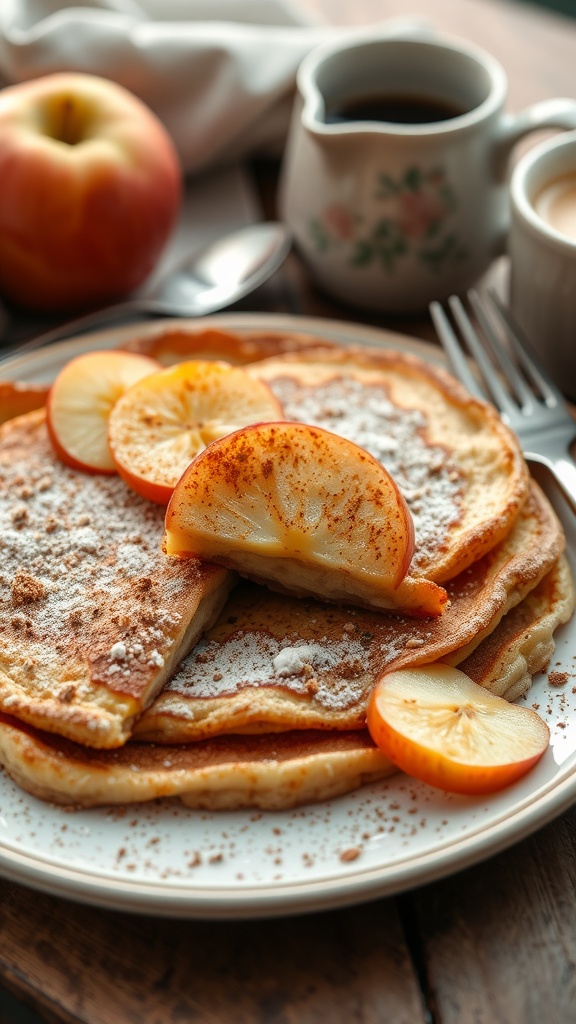 A plate of fluffy apple cinnamon German pancakes, garnished with apple slices and powdered sugar.