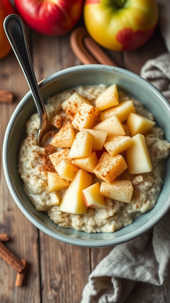 A bowl of apple cinnamon overnight oats topped with chopped apples and cinnamon.