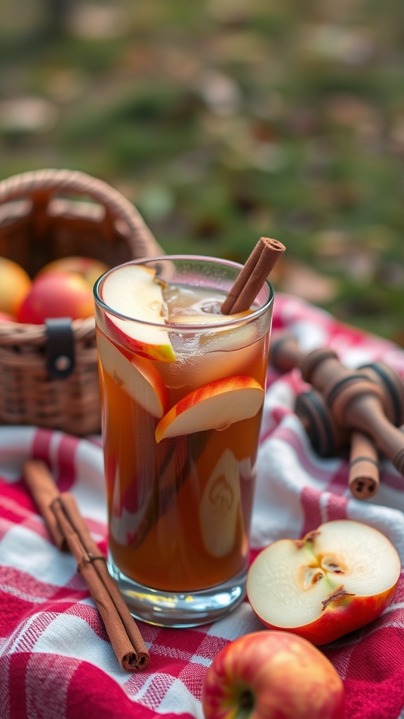 A refreshing glass of apple cinnamon sangria with apple slices and a cinnamon stick.