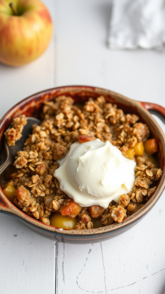A warm bowl of apple crisp topped with oats and a scoop of ice cream.