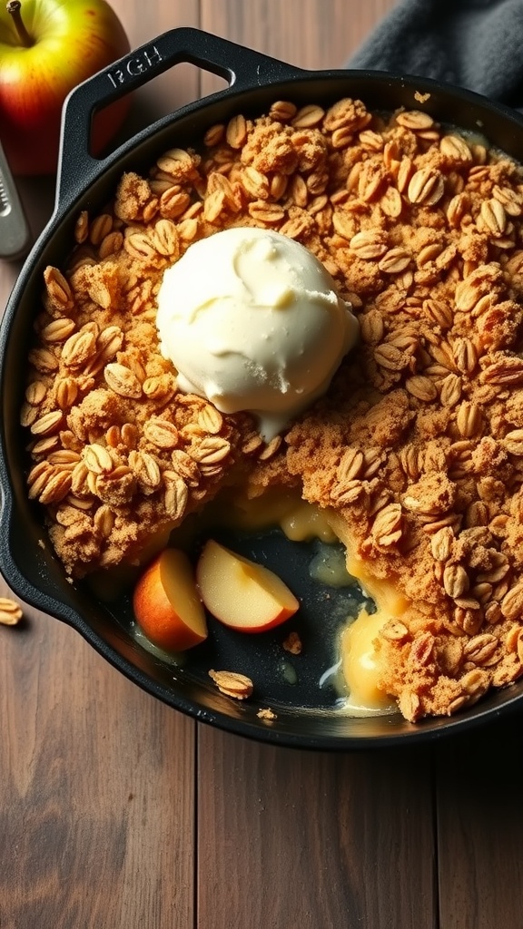 Delicious apple crumble pie with oat topping served with ice cream.