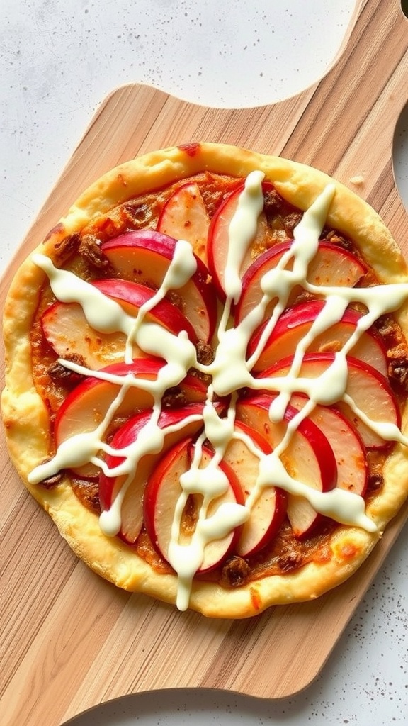 A delicious apple pizza topped with cream cheese drizzle.