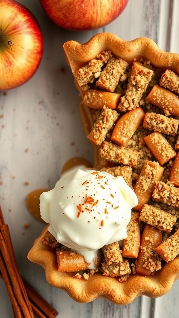 Apple streusel pie topped with ice cream and surrounded by apples and cinnamon sticks.