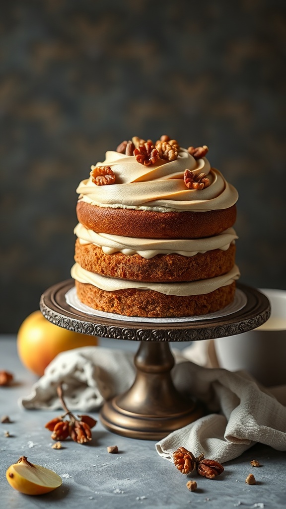 Three-layer Apple Wood Smoked Cake topped with walnut frosting and garnished with walnuts.