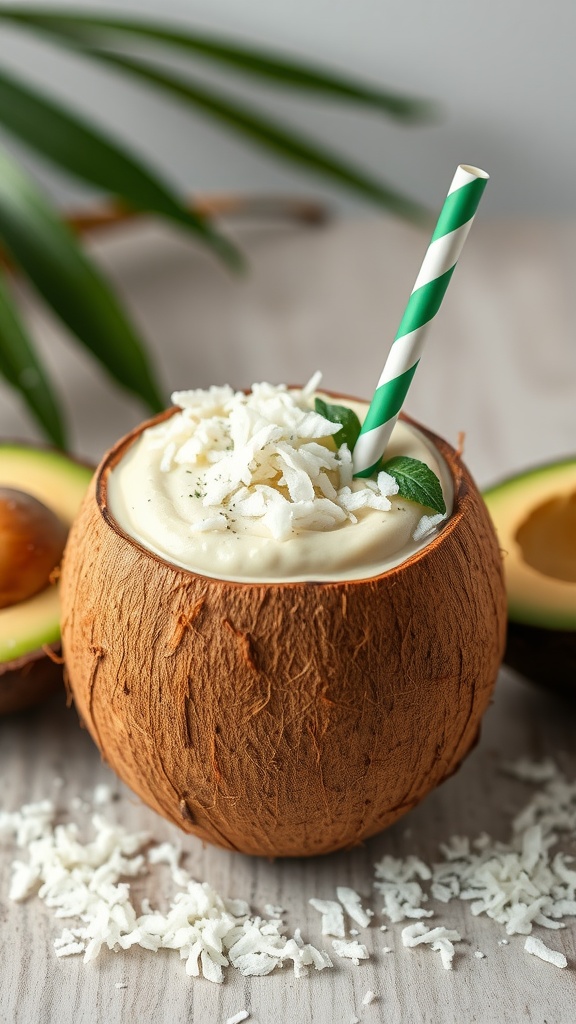 A refreshing avocado and coconut smoothie in a coconut bowl topped with shredded coconut.