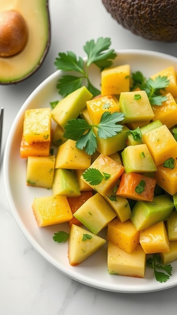 A vibrant salad made with diced avocado and pineapple, garnished with cilantro.