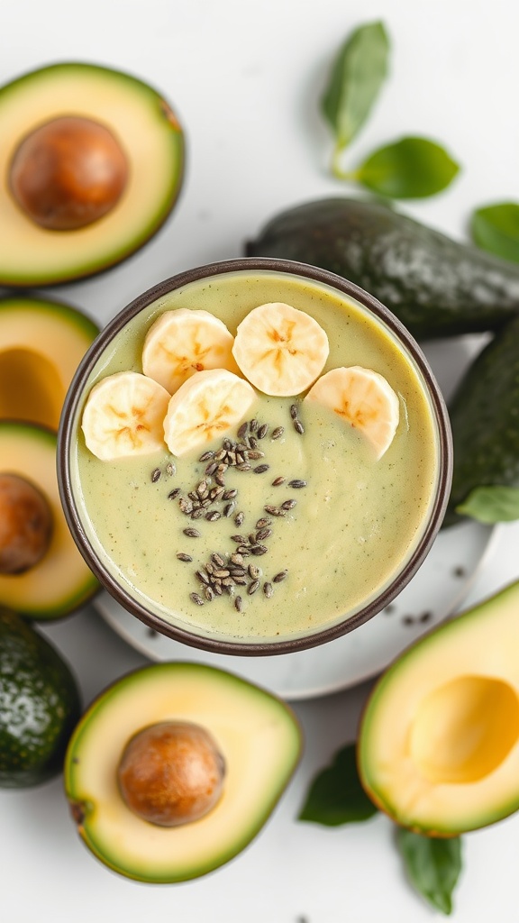A creamy avocado banana smoothie topped with banana slices and chia seeds.
