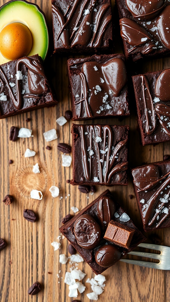 Delicious avocado chocolate brownies topped with chocolate drizzle and sea salt.