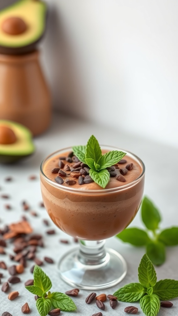 A bowl of creamy avocado chocolate mousse garnished with mint leaves and chocolate chips.