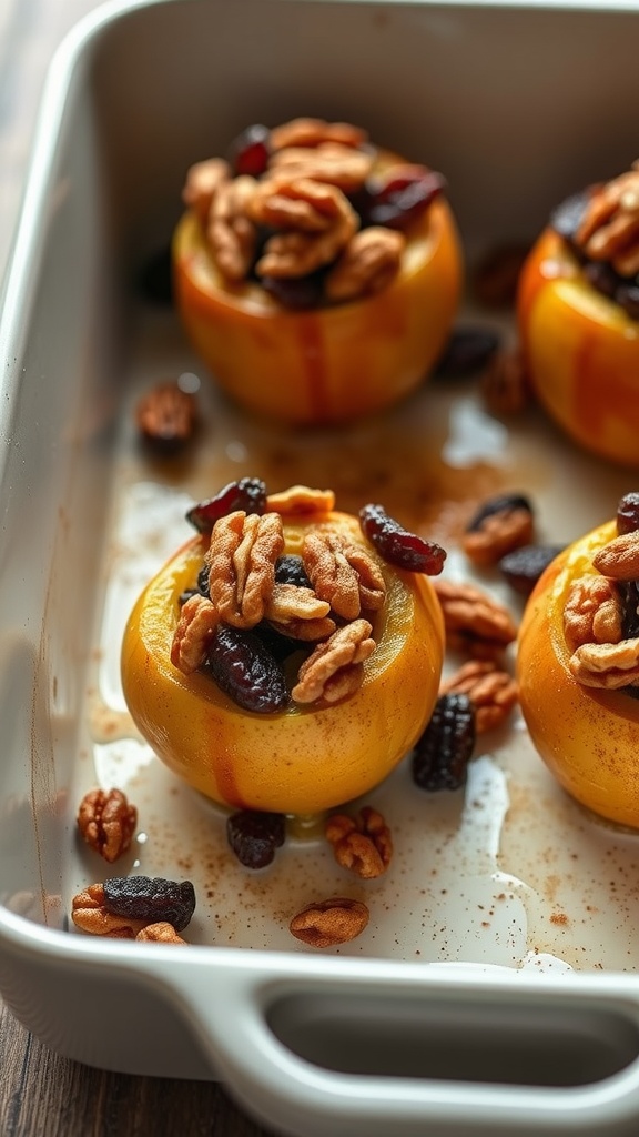 Baked apples stuffed with walnuts and raisins in a baking dish.