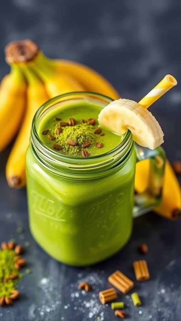 A green smoothie made with banana and matcha, garnished with a banana slice