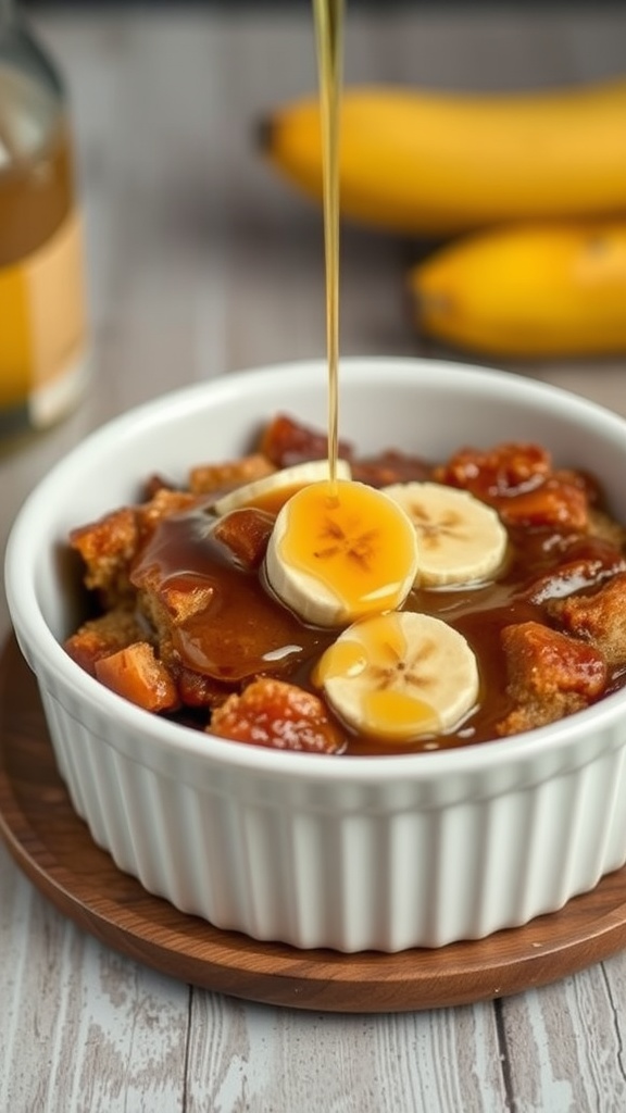 Delicious banana bread pudding topped with rum sauce.