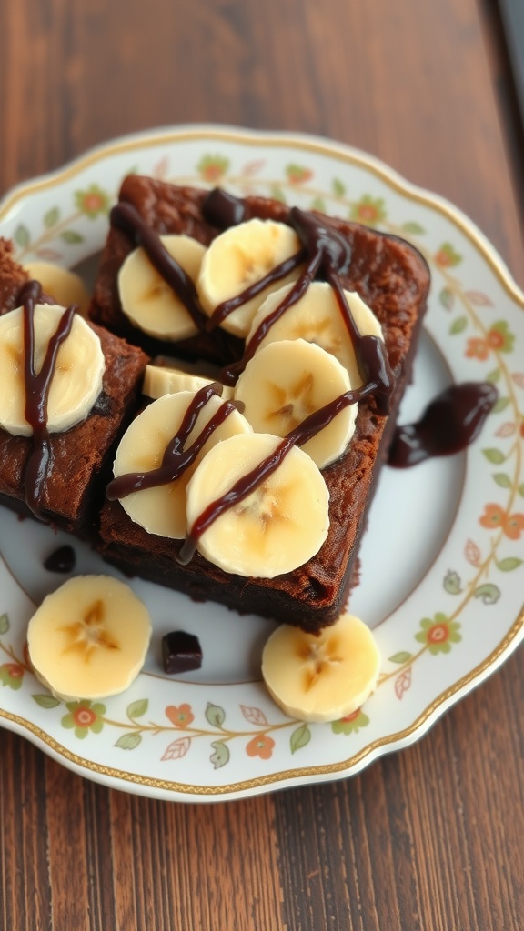 Delicious banana brownies topped with banana slices and chocolate drizzle on a decorative plate.