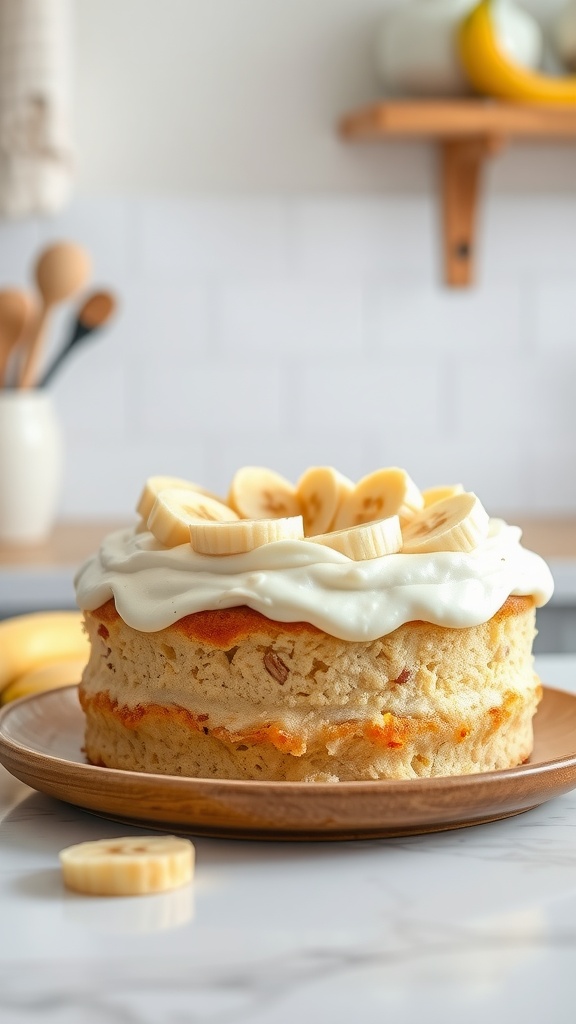 A delicious banana cake topped with creamy frosting and banana slices.
