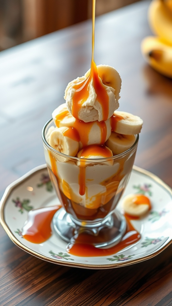 Delicious Banana Foster Sundae topped with caramel sauce