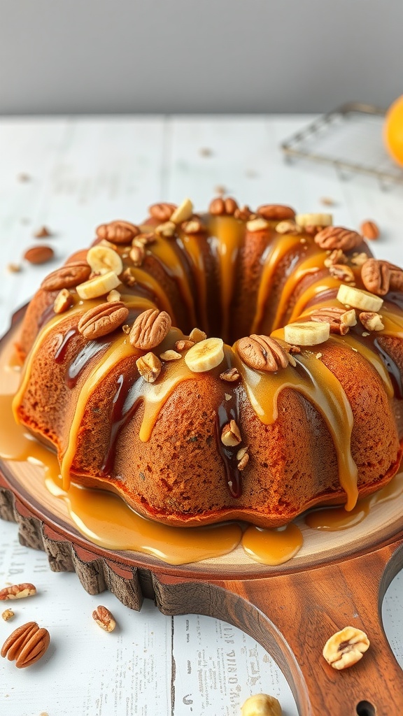 A beautifully decorated Banana Nut Bundt Cake topped with caramel and nuts.