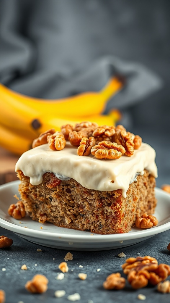 A slice of banana nut cake topped with cream cheese frosting and walnuts.