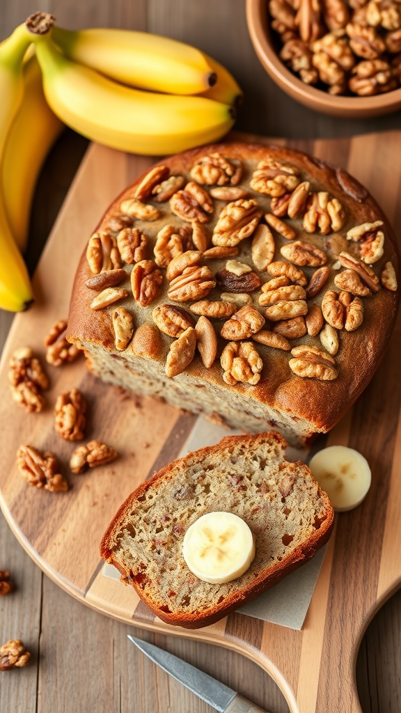 A delicious slice of banana nut coffee cake topped with nuts, placed on a wooden board with bananas in the background.