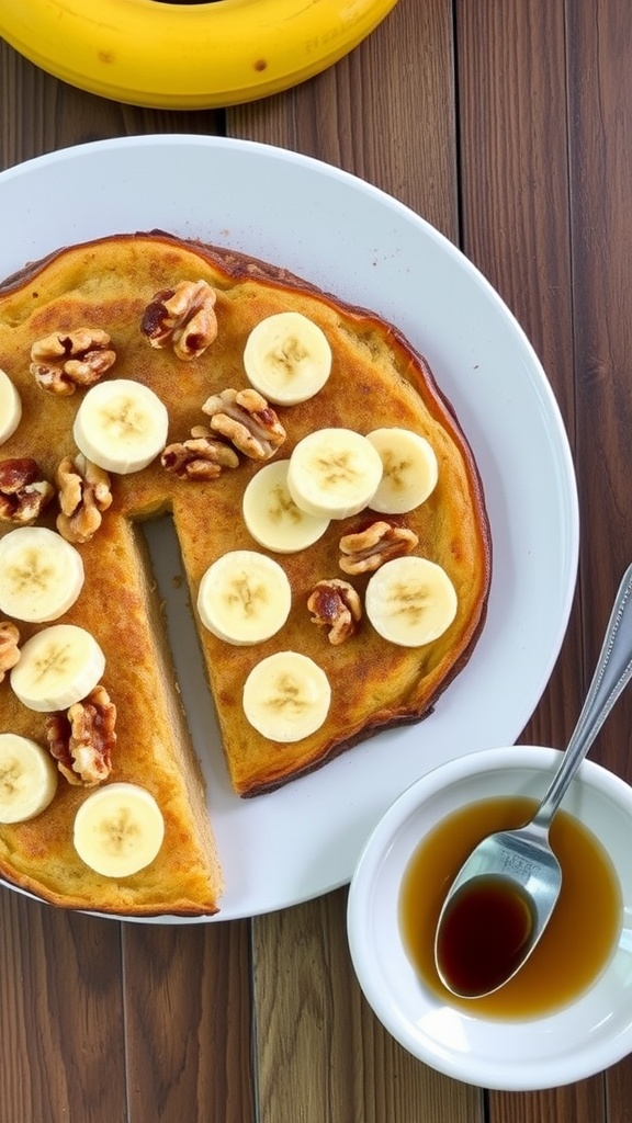 Banana Nut Dutch Baby Pancake topped with sliced bananas and walnuts.
