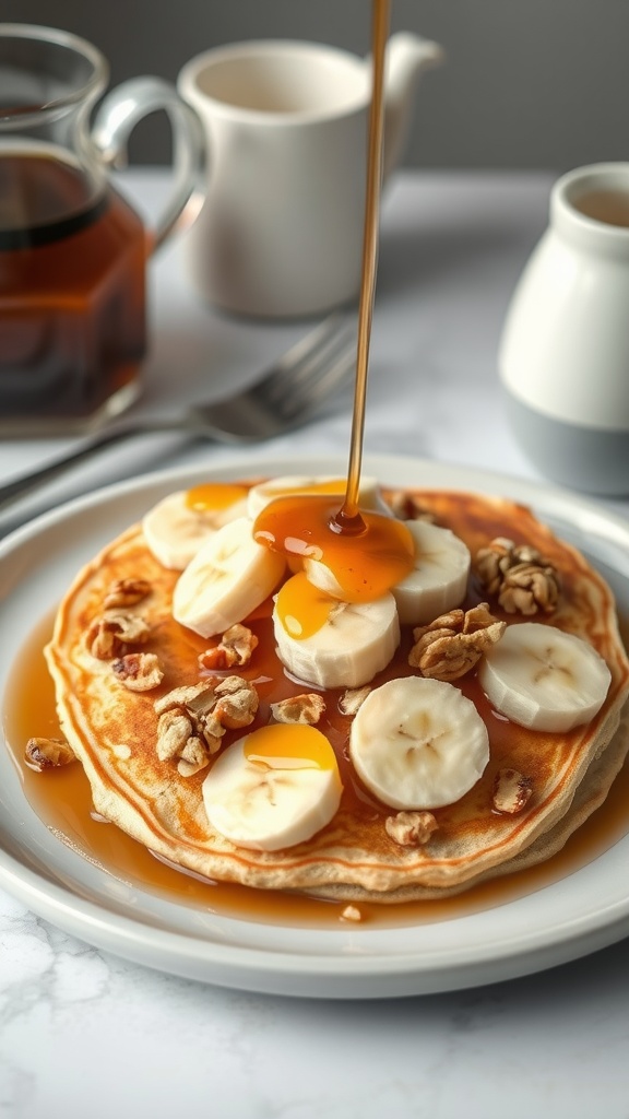 Fluffy Banana Nut German Pancake with syrup and walnuts